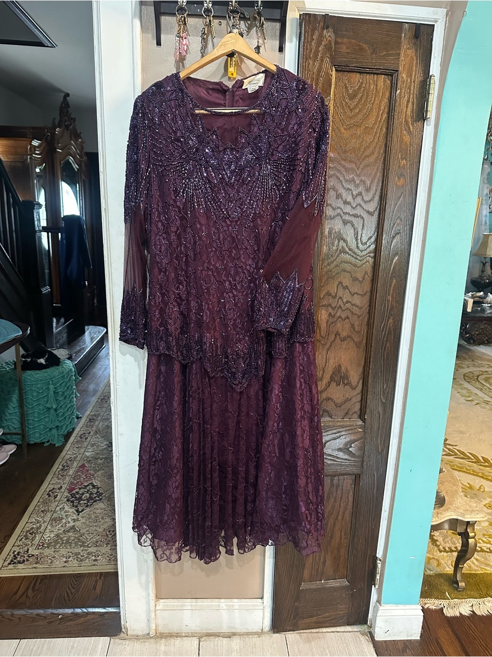 Embellishedw Long-Sleeve Evening Dress in Deep Plum